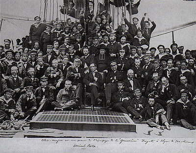 Admiral Roze (centre) and a quarter of his sailors, on the frigate Guerriere. Circa 1865 photograph, during a visit in Nagasaki harbour. AdmiralRoze.jpg