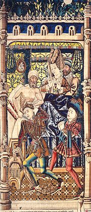 A detail from The Justice of Trajan and Herkinbald tapestry showing Herkinbald slaying his nephew as a punishment for rape. After Rogier van der Weyden - Herkinbald slaying his nephew (detail).jpg