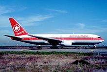 C-GAUN, the aircraft involved in the accident, photographed 2 years after the incident. Air Canada Boeing 767-233; C-GAUN@SFO;17.02.1985 (5702291035).jpg