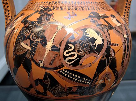 Achilles and Memnon fighting, between Thetis and Eos, Attic black-figure amphora, c. 510 BC, from Vulci