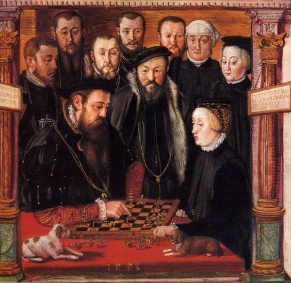 Duke Albert V of Bavaria and his consort Anna of Austria playing chess, portrait by Hans Mielich (1552)