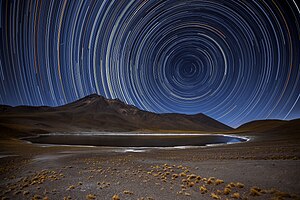 All the stars in the night sky appear to circle the celestial pole (the south pole in this photo). Over a period of several hours, this apparent motion leaves star trails. All In A Spin Star trail.jpg