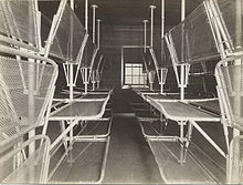 A dormitory at the Angel Island Immigration Station in San Francisco Bay, California, where immigrants coming from China, Japan, Korea, Russia, and South Asia were monitored, interrogated, and detained. Angel Island Immigration Station Dormitory b.jpg