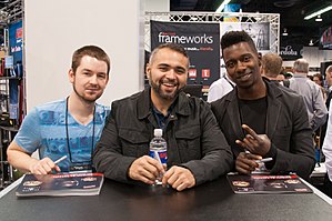 Les animaux en tant que leaders au NAMM 2014 De gauche à droite : Matt Garstka, Javier Reyes, Tosin Abasi