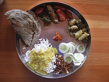 Staple vegetarian meal of Karnataka is jolada rotti, palya, and anna-saaru. Another Vegetarian Meal.jpg