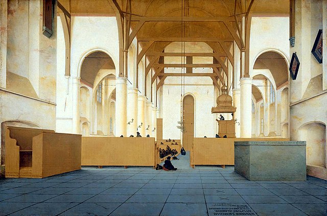 Interior of the Sint-Odulphuskerk in Assendelft (1649), oil on panel, with the gravestone of Saenredam's father in the foreground