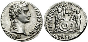 Denarius issued under Augustus from the mint at Lugdunum (Lyon, France), showing Gaius and Lucius Caesar standing facing on the reverse (circa 2 BC-AD 14) Augustus Lugdunum principes iuventutis 671253.jpg