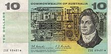 Francis Greenway on the first Australian 10 dollar note, perhaps the only convicted forger in the world depicted on a banknote Australia 10dollar note 1968.jpg