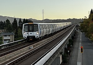 A BART train approaching Walnut Creek in October 2022