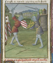 Lancelot (arms with three red bends) and Tristan from a 15th-century manuscript BNF116-40.jpg