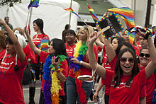 Bank of America volunteers at the Los Angeles LGBT pride parade in 2011 Bank of America LA Pride 2011.jpg