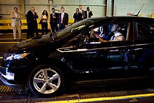 President Barack Obama behind the wheel of a Chevy Volt during his tour of the General Motors Auto Plant in Hamtramck, Michigan. Barack Obama drives Chevy Volt.jpg