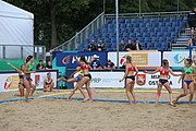 Deutsch: Beachhandball Europameisterschaften 2019 (Beach handball Euro); Tag 2: 3. Juli 2019 – Frauen, Vorrunde Gruppe D, Ukraine-Deutschland 2:0 (23:22, 32:24) English: Beach handball Euro; Day 2: 3 July 2019 – Women Preliminary Round Group D – Ukraine-Germany 2:0 (23:22, 32:24)