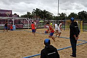 Deutsch: Beachhandball bei den Olympischen Jugendspielen 2018; Tag 4, 11. Oktober 2018; Jungs, Vorrunde, Gruppe B - Spanien-Kroatien 2:0 English: Beach handball at the 2018 Summer Youth Olympics at 11 October 2018 – Boys Preliminary Round Group B‎ – Spain-Croatia 2:0