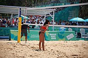 Deutsch: Beachvolleyball bei den Olympischen Jugendspielen 2018; Tag 8, 14. Oktober 2018; Mädchen, Achtelfinale – USA-Peru 2:0 (21–19/21–12) English: Beach volleyball at the 2018 Summer Youth Olympics at 14 October 2018 – Girls Round of 16 – USA-Peru 2:0 (21–19/21–12)