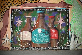 Bottles of Chimay represented on a mural of the railway station of Louvain-la-Neuve (Belgium). Belgique - Louvain-la-Neuve - Gare - Quai - Belgian beers - 02.jpg