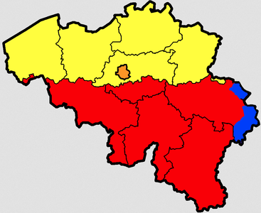 Map showing communities, regions and language areas of Belgium.