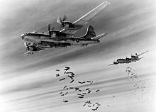 Boeing B-29 Superfortress long-range strategic bombers releasing their payloads during the Burma campaign in 1945. The B-29 was the largest aircraft to have a significant operational role in World War II and remains the only aircraft in history to have ever used a nuclear weapon in combat. Bell-Atlanta B-29-25-BA Superfortress 42-63526 497th BG 871 BS.jpg