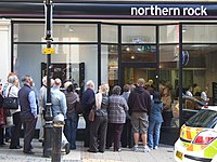 Depositors queuing to close their account with Northern Rock Birmingham Northern Rock bank run 2007.jpg