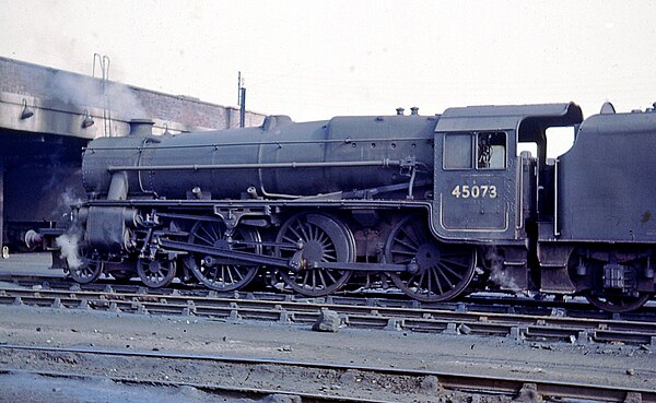 45073 at Rose Grove shed, spring 1968. Although it has a domeless boiler, the casing over the top feed is often mistaken for a dome