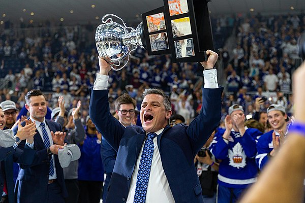 Sheldon Keefe with the Calder Cup after the 2018 Calder Cup Final. He was named as the Marlies head coach in 2015.