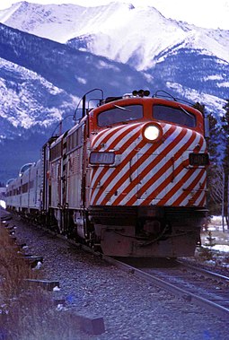 CP passenger train heading east towards Calgary about 1973 Canadian Pacific - Trans Canada passenger train.jpg