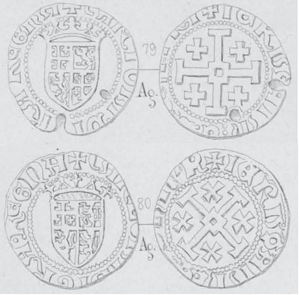 Silver gros coins of Charlotte. Issued 1458–1460, Cyprus. Obverse: Crowned shield with Lusignan coat of arms, CARLOTA DI GRA REGNA. Reverse: Cross of 