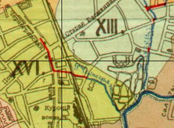 Chernogryazka en el mapa de 1912 (en el centro).  El colector está resaltado en rojo;  a la derecha - Chechera.  Río ancho en la esquina inferior derecha - Yauza