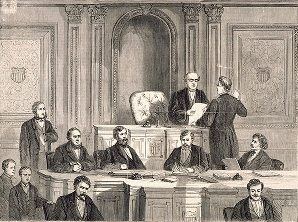 Chief Justice of the United States Salmon P. Chase administering juror's oath to Wade for the impeachment trial of Andrew Johnson