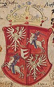 Wappen des Königliche Republik der Polnischen Krone und des Großfürstentums Litauen mit Vytis (Waykimas), verziert mit den Säulen von Gediminas, verwendet während der Regierungszeit von Großherzog Stephen Báthory