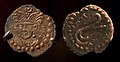 Coin in the name of Rakhanch, Sogdian lord of Shahristan, lambda symbol on the reverse with name, Kala-i Kakhkakha I, 7th century CE (obverse and reverse), National Museum of Antiquities of Tajikistan (RTL 213).