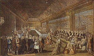 John V of Portugal performs the Washing of the Feet rite in Ribeira Palace, 1748. Court function at the Palace of Ribeira in 1748.jpg