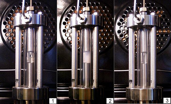 Subcritical ethane, liquid and gas phase coexist. Critical point (32.17 °C, 48.72 bar), opalescence. Supercritical ethane, fluid.