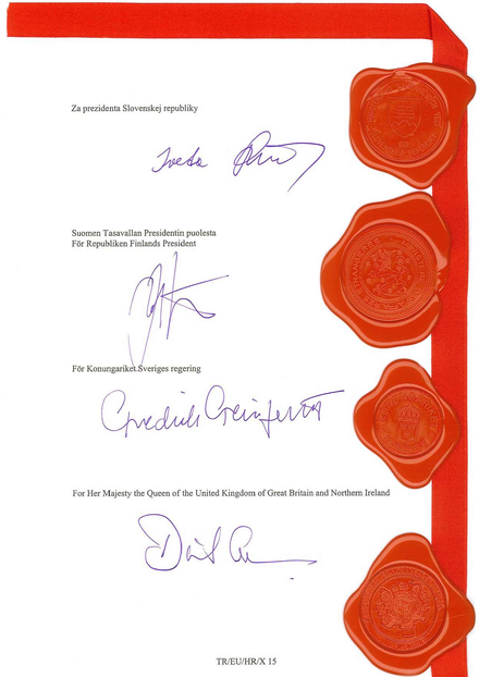 Image of the signature blocks with seals of the 2011 Croatia EU Accession Treaty for Slovakia, Finland, Sweden and the United Kingdom. Note that Sweden is the only one of the four not with its head of state as high contracting party.