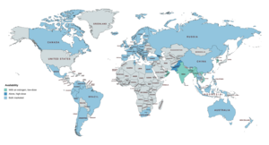 Availability of CPA in countries throughout the world (as of March 2018). Turquoise is combined with an estrogen at a low dose, dark blue is alone at a high dose, and light blue is both available. Cyproterone acetate availability.png