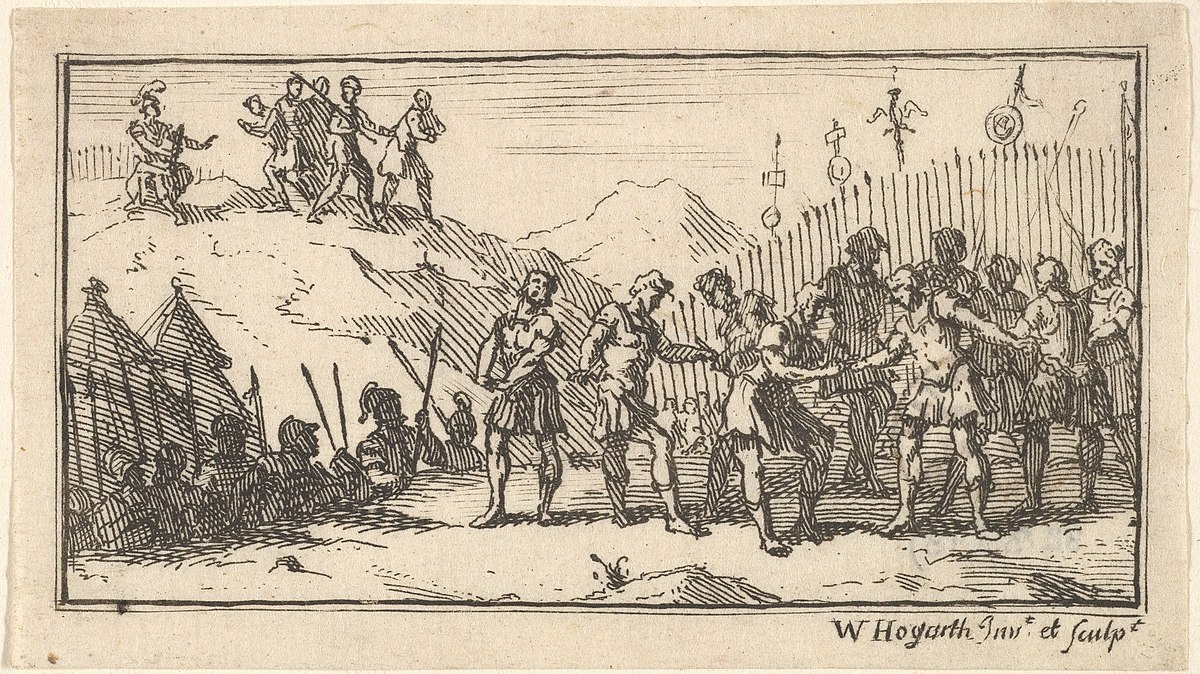 Decimation. Etching by William Hogarth in Beaver's Roman Military Punishments (1725)