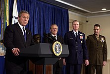 Myers with President George W. Bush and Secretary of Defense Donald Rumsfeld and General Peter Pace during a Press Conference at The Pentagon on 10 May 2004. Defense.gov News Photo 040510-F-6655M-100.jpg