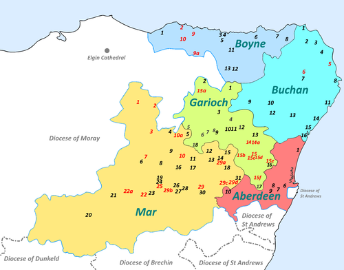 Parishes of Diocese of Aberdeen by Deanery (see tables, below)
parish churches marked in red indicate former chapels of a mother church that achieved parochial status, e.g. Mar, 1 & 2 or, parish churches with their retained pendicle chapels e.g. Garioch, 14 & 14a Diocese of Aberdeen Parishes.png