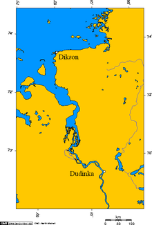 Map showing Dikson on the Taymyr peninsula Dudinka and dikson 2.png