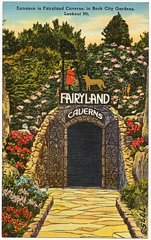 1940s postcard for Fairyland Caverns, a cave which displays fairy-tale creatures and a castle Entrance to Fairyland Caverns, in Rock City Gardens, Lookout Mt (77753).jpg