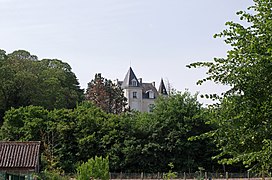 Photographie en couleurs d'un château avec des tours cylindriques dépassant de la végétation.