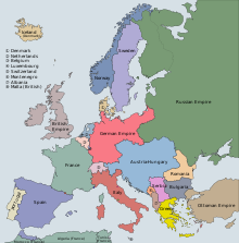 Europe in 1914 Europe 1914 (pre-WW1), coloured and labelled.svg