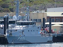 The FSS Tosiwo Nakayama, a Guardian-class patrol boat of the Federated States of Micronesia FSS Tosiwo Nakayama at Austal shipyards in Henderson, Western Australia, November 2021 03.jpg