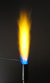 A flame test for sodium. The yellow color in this gas flame does not arise from the black-body emission of soot particles (as the flame is clearly a blue premixed complete combustion flame) but instead comes from the spectral line emission of sodium atoms, specifically the very intense sodium D lines. Flametest--Na.swn.jpg
