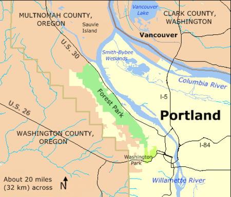 Location of Forest Park and Washington Park in Portland