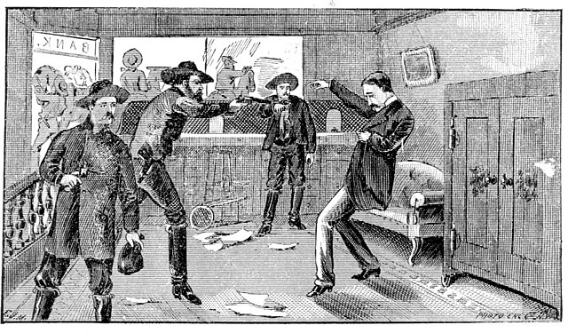 Artist’s concept of the 1869 shooting of Capt. John Sheets of Gallatin, allegedly by Frank and Jesse James.