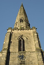 Early fourteenth-century steeple of All Hallows' parish church, Gedling, Nottinghamshire, England, showing entasis of the spire Gedling Church Steeple - geograph.org.uk - 510263.jpg