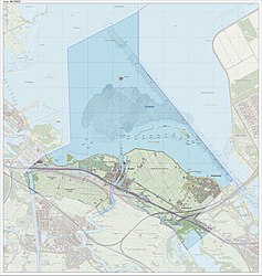 Topografische gemeentekaart van Muiden (september 2014). De Bloemendalerpolder ligt tussen de bebouwde kom van Muiden en die van Weesp. Het nieuwe traject van de A1 met het aquaduct Vechtzicht is hier ingetekend.