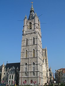 Belfry of Ghent, begun 1313 by Jan van Haelst and Jan Broucard. (modern spire) Gent Belfort R03.jpg