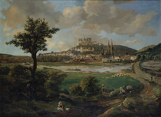location, 1842 painting with hill Augustenruhe, broad river and the castle. Flusslandschaft aus dem vergangenen Jahrhundert.